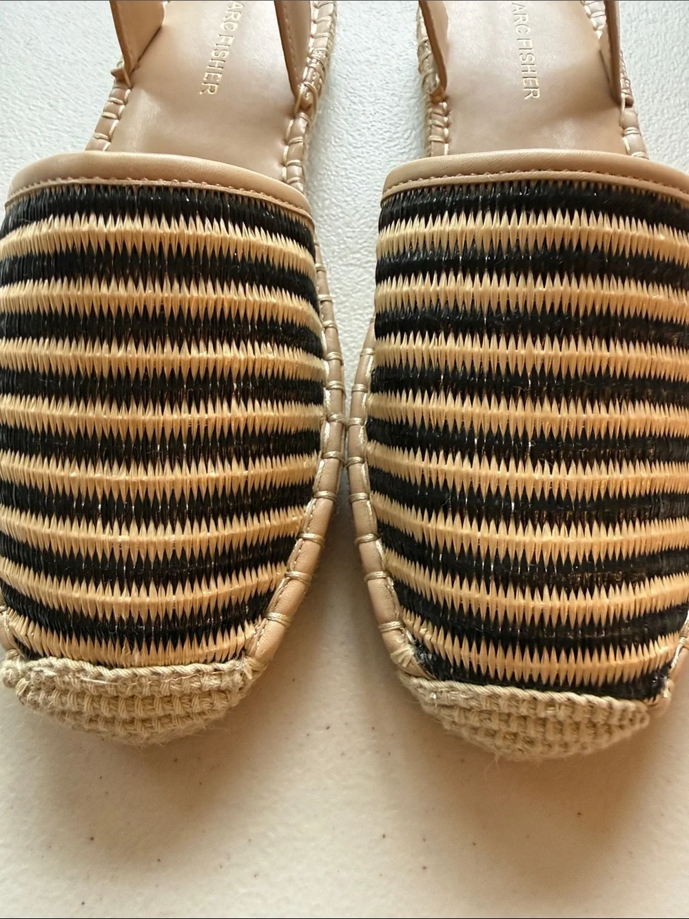 Marc Fisher Bessie Espadrille Flats Tan & Black Woven Striped Ankle-Strap Sandal